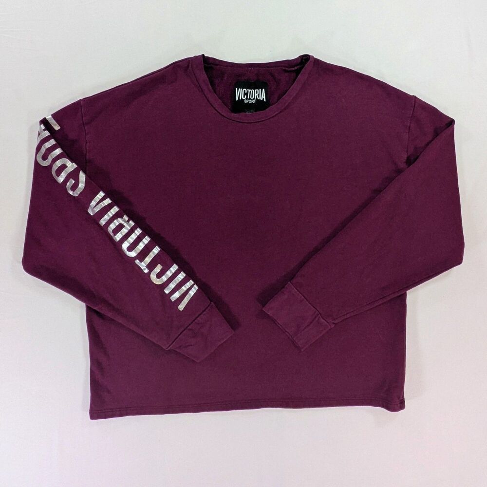 Victoria's Secret Women Maroon Logo Sleeve Oversized Fleece Sweatshirt Med Crop